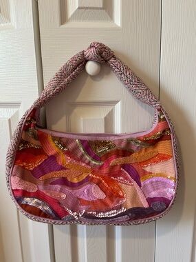 Pink Multi-Color Sequin Embroidered Hobo Bag